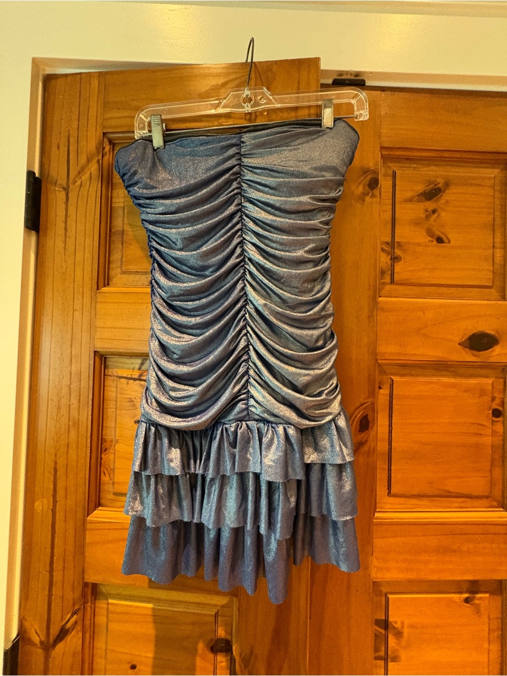 Strapless Ruched Metallic Blue Party Dress